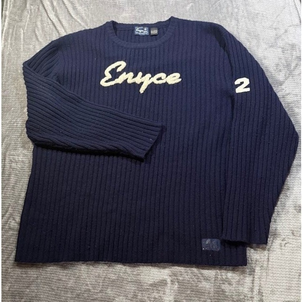 Vintage Enyce Lambswool Ribbed Sweater Navy Blue XXXL 90s Streetwear Chenille.